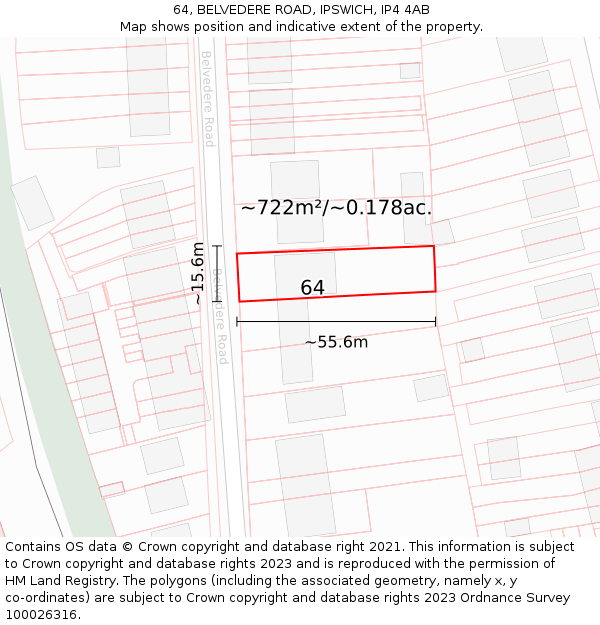 64, BELVEDERE ROAD, IPSWICH, IP4 4AB: Plot and title map