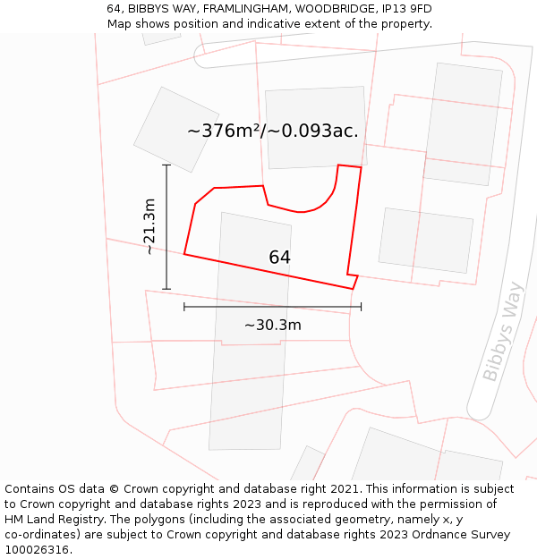 64, BIBBYS WAY, FRAMLINGHAM, WOODBRIDGE, IP13 9FD: Plot and title map