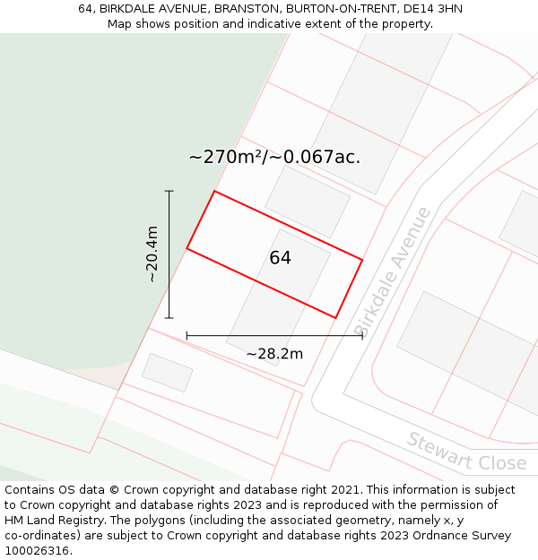 64, BIRKDALE AVENUE, BRANSTON, BURTON-ON-TRENT, DE14 3HN: Plot and title map