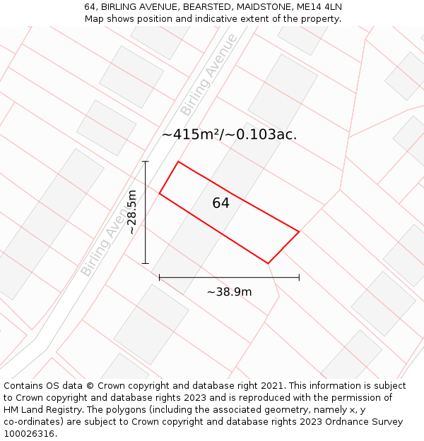 64, BIRLING AVENUE, BEARSTED, MAIDSTONE, ME14 4LN: Plot and title map