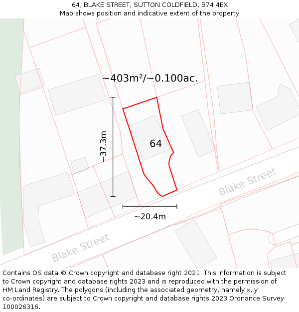 64, BLAKE STREET, SUTTON COLDFIELD, B74 4EX: Plot and title map