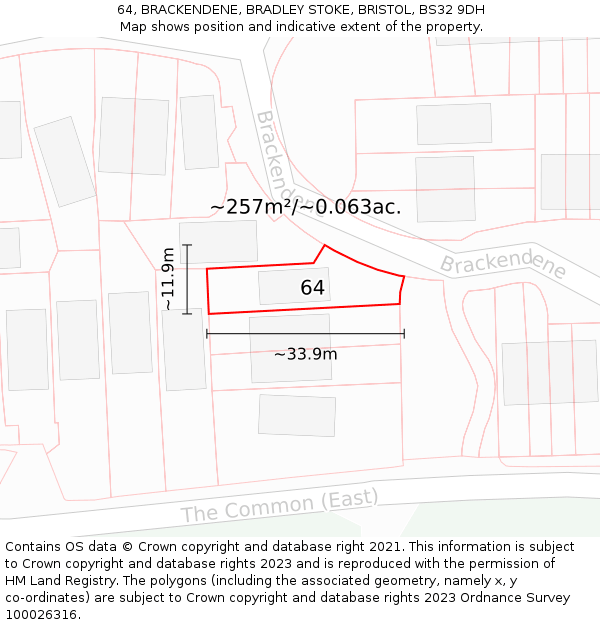 64, BRACKENDENE, BRADLEY STOKE, BRISTOL, BS32 9DH: Plot and title map