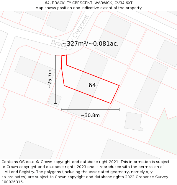 64, BRACKLEY CRESCENT, WARWICK, CV34 6XT: Plot and title map