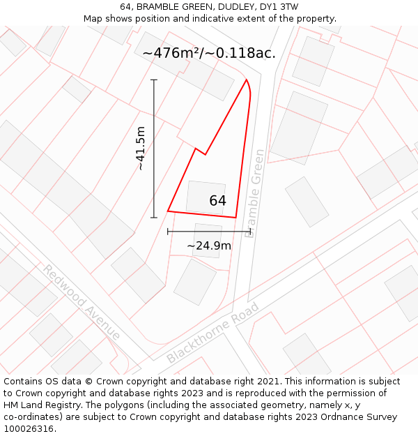 64, BRAMBLE GREEN, DUDLEY, DY1 3TW: Plot and title map