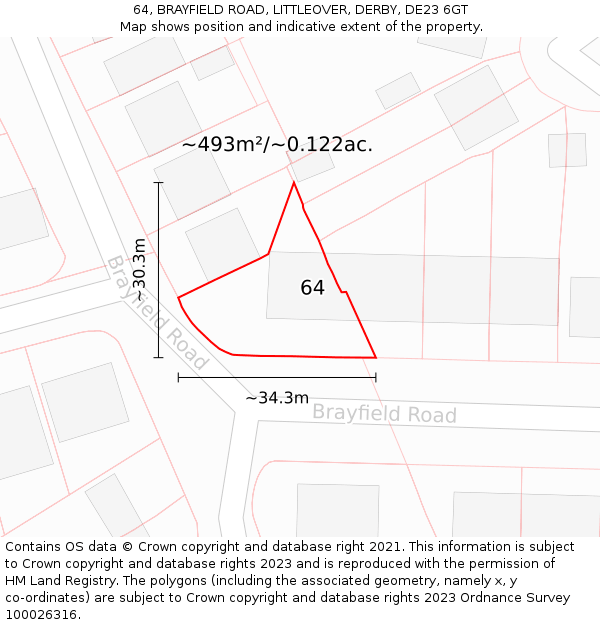 64, BRAYFIELD ROAD, LITTLEOVER, DERBY, DE23 6GT: Plot and title map