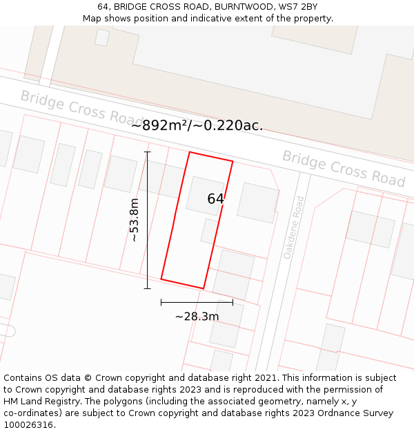 64, BRIDGE CROSS ROAD, BURNTWOOD, WS7 2BY: Plot and title map