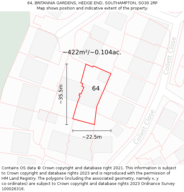 64, BRITANNIA GARDENS, HEDGE END, SOUTHAMPTON, SO30 2RP: Plot and title map