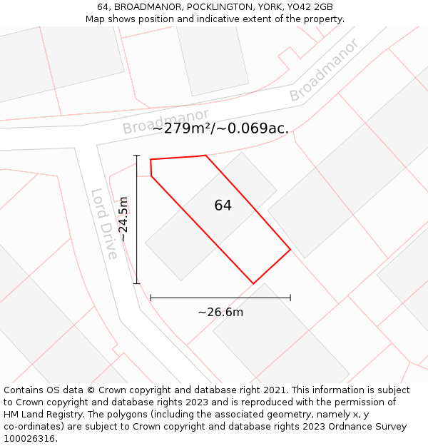 64, BROADMANOR, POCKLINGTON, YORK, YO42 2GB: Plot and title map