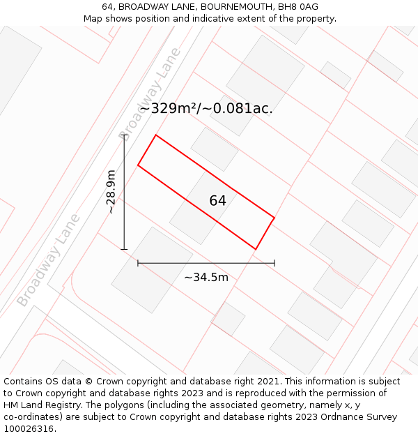 64, BROADWAY LANE, BOURNEMOUTH, BH8 0AG: Plot and title map