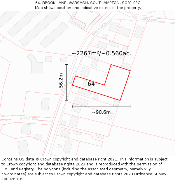 64, BROOK LANE, WARSASH, SOUTHAMPTON, SO31 9FG: Plot and title map