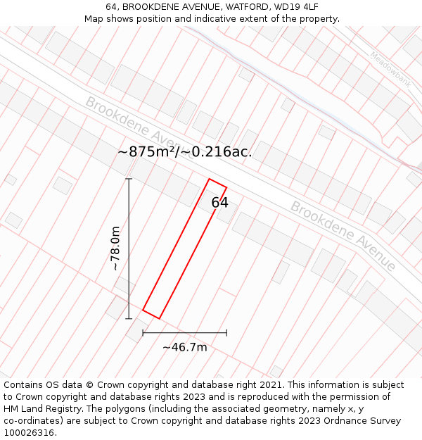 64, BROOKDENE AVENUE, WATFORD, WD19 4LF: Plot and title map