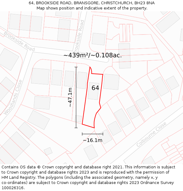64, BROOKSIDE ROAD, BRANSGORE, CHRISTCHURCH, BH23 8NA: Plot and title map