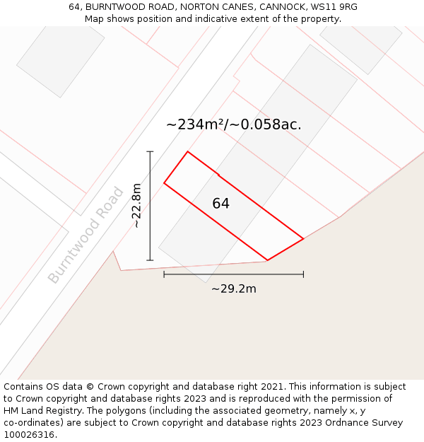 64, BURNTWOOD ROAD, NORTON CANES, CANNOCK, WS11 9RG: Plot and title map