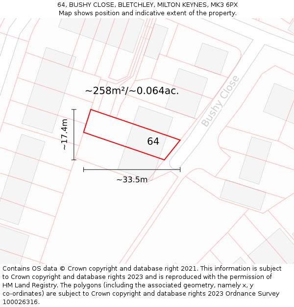 64, BUSHY CLOSE, BLETCHLEY, MILTON KEYNES, MK3 6PX: Plot and title map