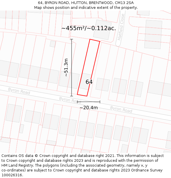 64, BYRON ROAD, HUTTON, BRENTWOOD, CM13 2SA: Plot and title map