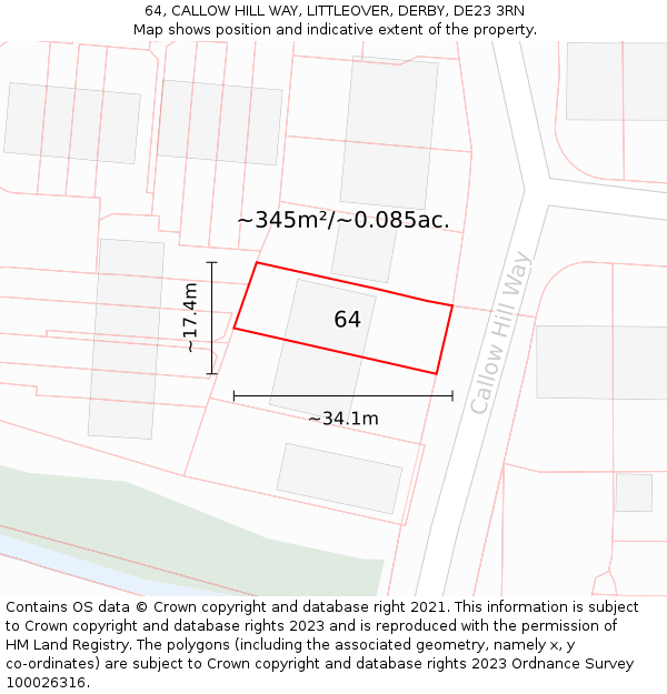 64, CALLOW HILL WAY, LITTLEOVER, DERBY, DE23 3RN: Plot and title map