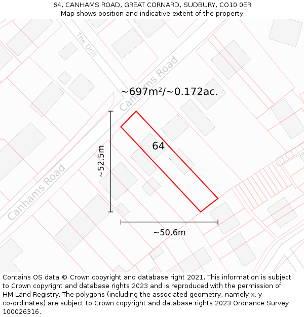 64, CANHAMS ROAD, GREAT CORNARD, SUDBURY, CO10 0ER: Plot and title map