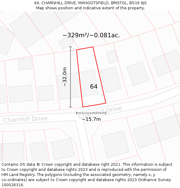 64, CHARNHILL DRIVE, MANGOTSFIELD, BRISTOL, BS16 9JS: Plot and title map
