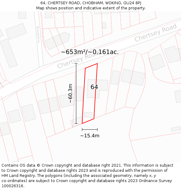 64, CHERTSEY ROAD, CHOBHAM, WOKING, GU24 8PJ: Plot and title map