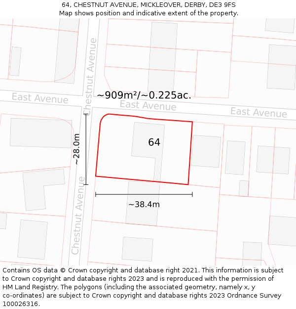 64, CHESTNUT AVENUE, MICKLEOVER, DERBY, DE3 9FS: Plot and title map
