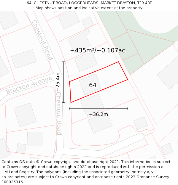 64, CHESTNUT ROAD, LOGGERHEADS, MARKET DRAYTON, TF9 4RF: Plot and title map