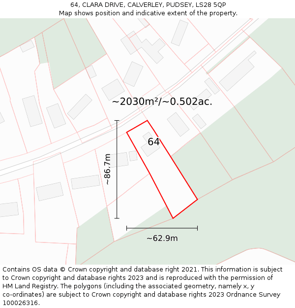 64, CLARA DRIVE, CALVERLEY, PUDSEY, LS28 5QP: Plot and title map