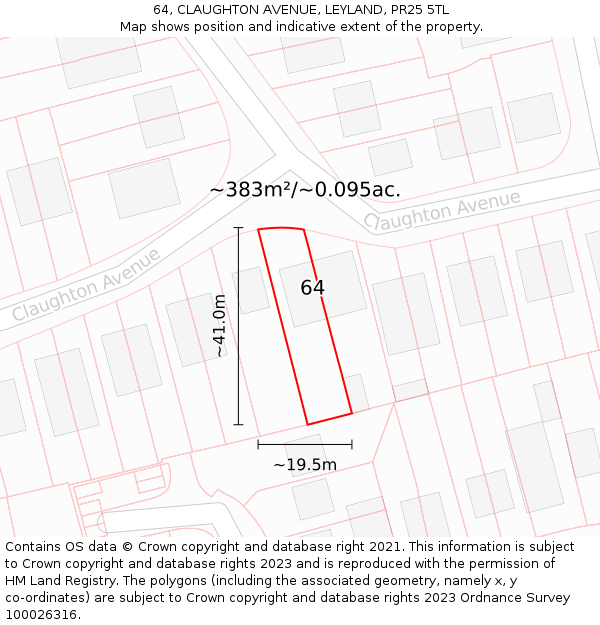 64, CLAUGHTON AVENUE, LEYLAND, PR25 5TL: Plot and title map