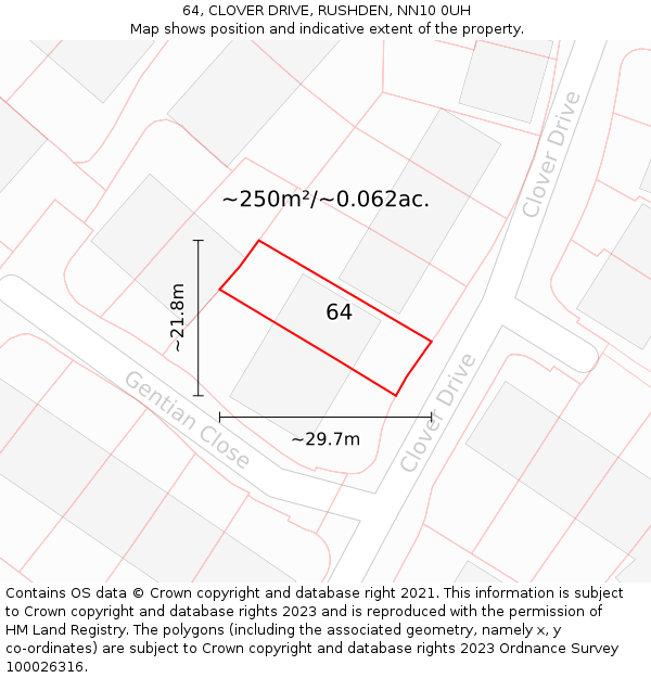 64, CLOVER DRIVE, RUSHDEN, NN10 0UH: Plot and title map
