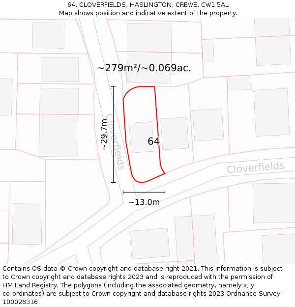 64, CLOVERFIELDS, HASLINGTON, CREWE, CW1 5AL: Plot and title map