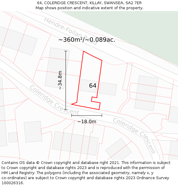 64, COLERIDGE CRESCENT, KILLAY, SWANSEA, SA2 7ER: Plot and title map