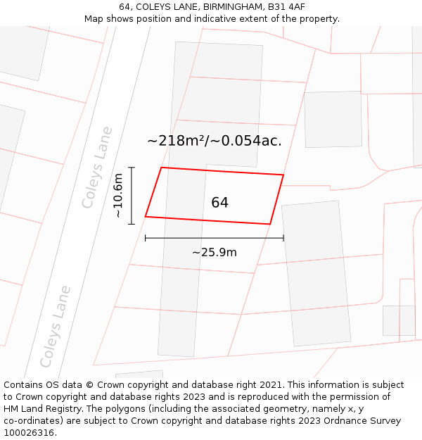 64, COLEYS LANE, BIRMINGHAM, B31 4AF: Plot and title map