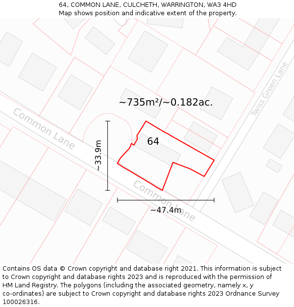 64, COMMON LANE, CULCHETH, WARRINGTON, WA3 4HD: Plot and title map
