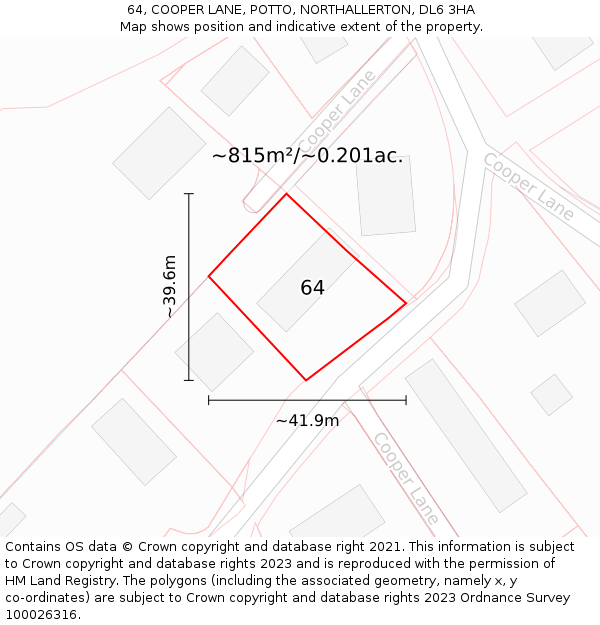 64, COOPER LANE, POTTO, NORTHALLERTON, DL6 3HA: Plot and title map