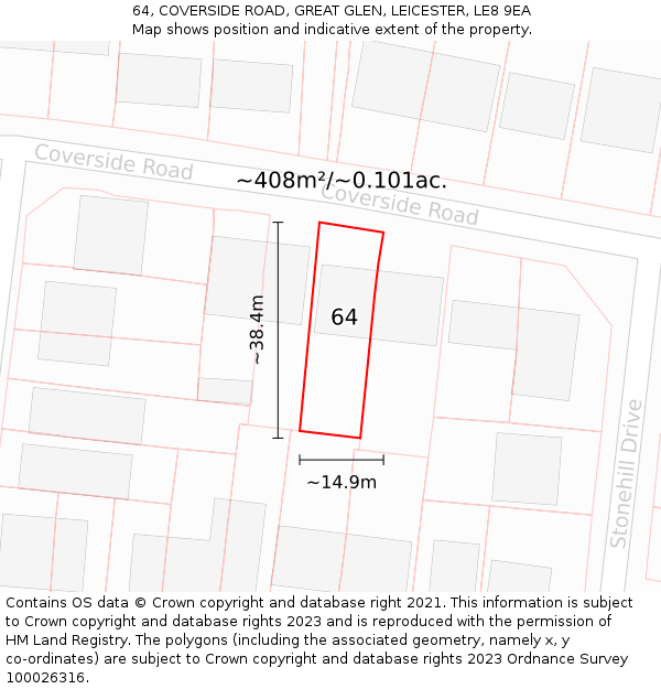 64, COVERSIDE ROAD, GREAT GLEN, LEICESTER, LE8 9EA: Plot and title map