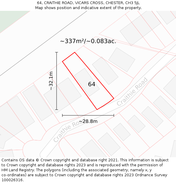 64, CRAITHIE ROAD, VICARS CROSS, CHESTER, CH3 5JL: Plot and title map