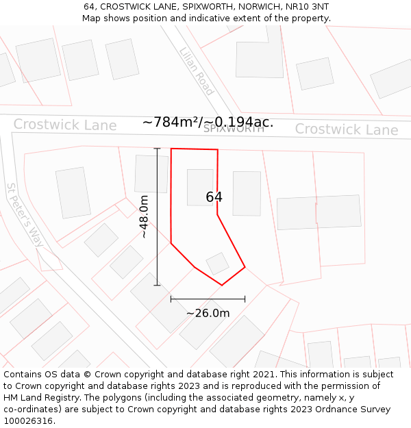 64, CROSTWICK LANE, SPIXWORTH, NORWICH, NR10 3NT: Plot and title map