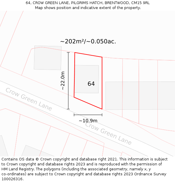 64, CROW GREEN LANE, PILGRIMS HATCH, BRENTWOOD, CM15 9RL: Plot and title map