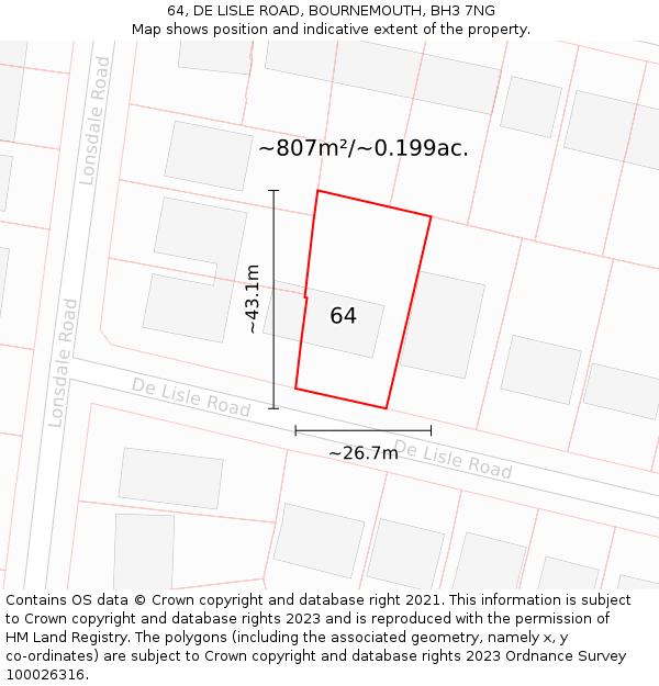 64, DE LISLE ROAD, BOURNEMOUTH, BH3 7NG: Plot and title map
