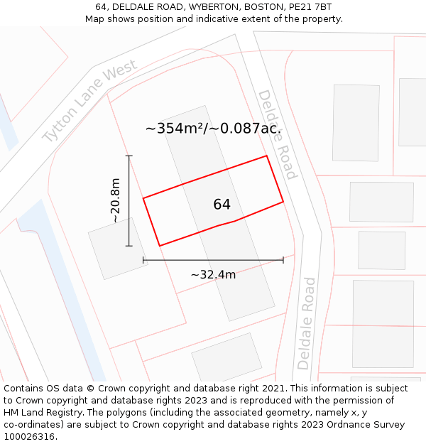 64, DELDALE ROAD, WYBERTON, BOSTON, PE21 7BT: Plot and title map