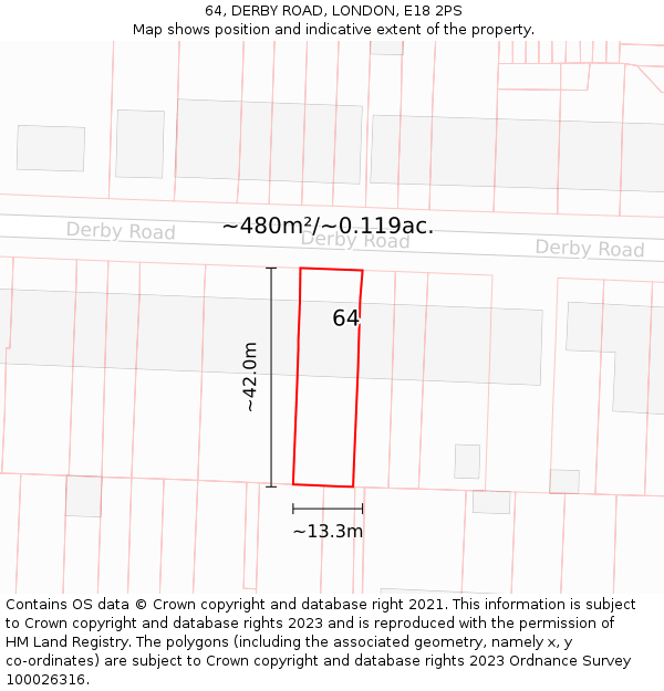 64, DERBY ROAD, LONDON, E18 2PS: Plot and title map