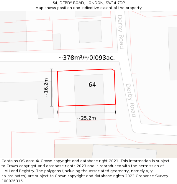 64, DERBY ROAD, LONDON, SW14 7DP: Plot and title map