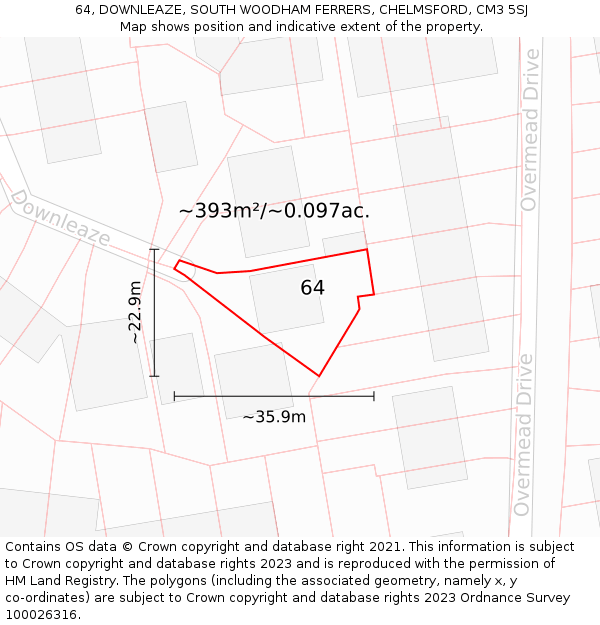 64, DOWNLEAZE, SOUTH WOODHAM FERRERS, CHELMSFORD, CM3 5SJ: Plot and title map
