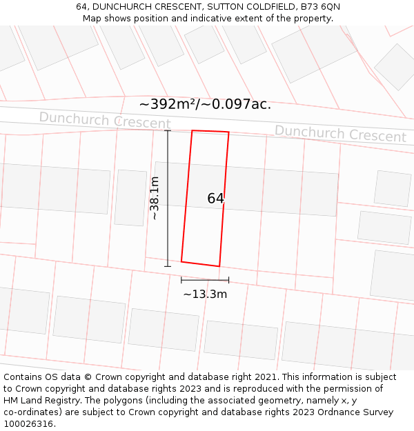 64, DUNCHURCH CRESCENT, SUTTON COLDFIELD, B73 6QN: Plot and title map