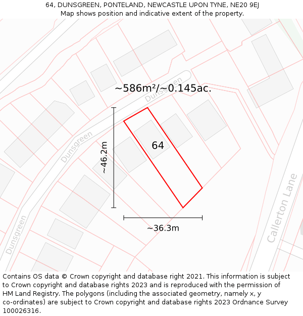 64, DUNSGREEN, PONTELAND, NEWCASTLE UPON TYNE, NE20 9EJ: Plot and title map