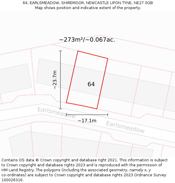 64, EARLSMEADOW, SHIREMOOR, NEWCASTLE UPON TYNE, NE27 0GB: Plot and title map