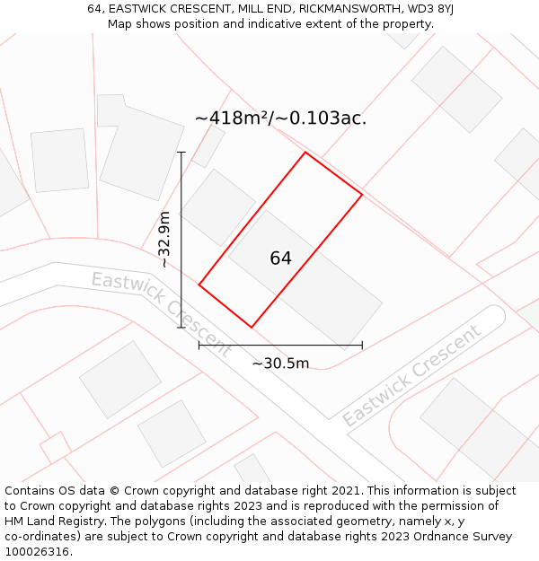 64, EASTWICK CRESCENT, MILL END, RICKMANSWORTH, WD3 8YJ: Plot and title map