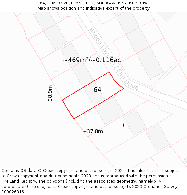 64, ELM DRIVE, LLANELLEN, ABERGAVENNY, NP7 9HW: Plot and title map