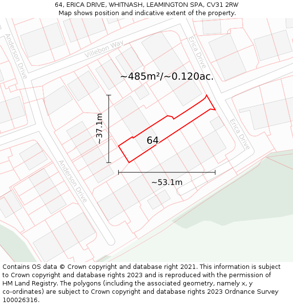 64, ERICA DRIVE, WHITNASH, LEAMINGTON SPA, CV31 2RW: Plot and title map