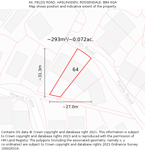 64, FIELDS ROAD, HASLINGDEN, ROSSENDALE, BB4 6QA: Plot and title map