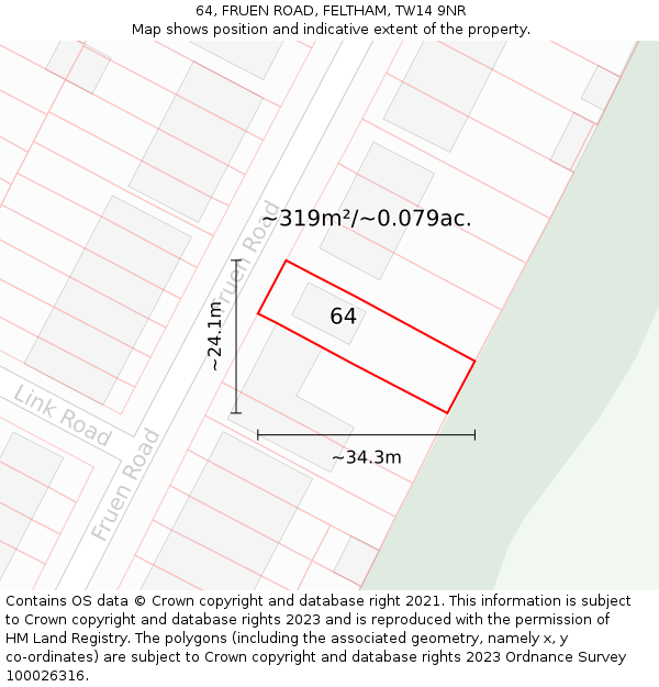 64, FRUEN ROAD, FELTHAM, TW14 9NR: Plot and title map